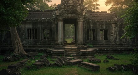 Ancient Angkor Temple Ruins at Sunrise