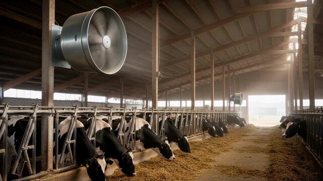 Mechanical barn ventilation fan in operation inside cattle barn enhancing airflow to maintain healthy livestock environment.
