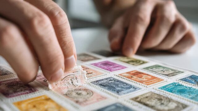 A person delicately arranges a rare postage stamp among a vibrant assortment in a philately album. The image highlights the intricate details and dedication involved in stamp collecting