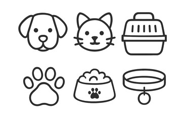 Pet care icon set. Minimalist outline symbols for veterinary or pet shop. Includes dog, cat, carrier, food bowl, paw print, and collar. Vector cartoon illustration.