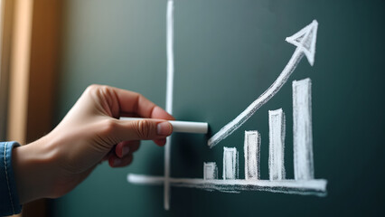 Close-up of a hand holding white chalk, drawing an upward arrow and bar chart on a dark chalkboard, symbolizing business strategy, planning, and financial growth, dramatic lighting