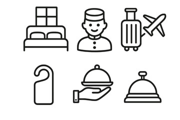 Modern hotel service icon collection. Minimalist line art for the hospitality industry. Vector symbols for amenities, travel, concierge, room service, reception bell, booking.