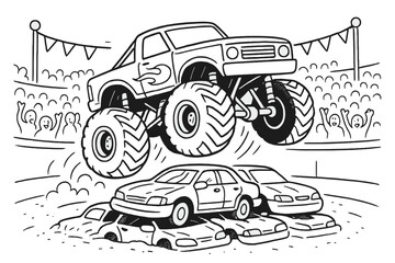 Monster truck show line art. Vector cartoon illustration of a big truck jumping over crushed cars. Extreme motorsport spectacle in an arena with a cheering crowd. Stunt.