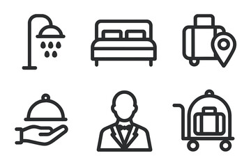 Hotel service icon set. Hospitality amenities for travel and tourism. Vector line art symbols for booking app. Concierge, room service, bellhop, bed and shower icons. Minimalist pictograms.