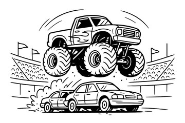 Monster truck show event. Extreme bigfoot car jumping over crushed vehicles. Motorsport competition in an arena. Vector line art illustration for a coloring book page.