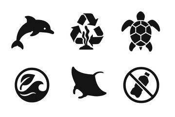 Ocean conservation icon set. Marine life protection symbols. Eco friendly vector collection with dolphin, turtle, manta ray. Reduce plastic pollution & recycle sign. Minimalist black silhouettes.