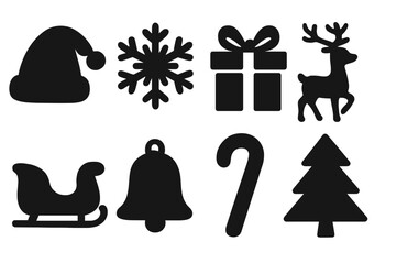 Christmas icon set silhouette collection. Vector graphic elements for winter holiday design. Santa hat, snowflake, gift, reindeer, sleigh, bell, candy cane, tree symbols.