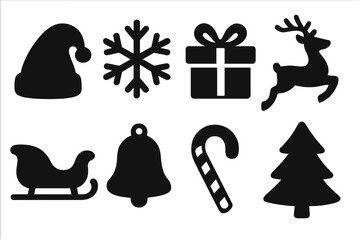 Christmas icon silhouette set. Santa hat, snowflake, gift, reindeer, sleigh, bell, candy cane, tree. Winter holiday symbols. Xmas vector graphic elements for design celebration.