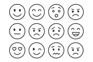 Fototapeta premium Emoji face line icon set. Emoticon doodle collection. Smileys with different emotions: happy, sad, angry. Vector character symbol for customer feedback or satisfaction rating.