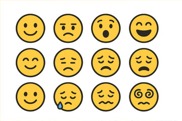 Emoji set vector. Emoticon line art collection. Smiley face icon pack. Cartoon expressions for social media. Happy, sad, angry, surprised emotion faces. Mood feedback symbols.