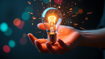 Close-up of human hand holding glowing light bulb on dark black background, conveying inspiration and creativity.