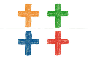 Obraz premium Hand-drawn cross symbol collection. Colorful plus signs with a charcoal or crayon texture. Set of vector doodles for religious, spiritual, or mathematical concepts. Positive icons.