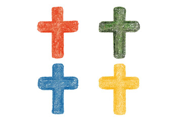 Fototapeta premium Set of colorful cross symbols. Hand drawn chalk or charcoal doodle illustration. Christian religious icons in red, green, blue, yellow. Faith, spirituality, and belief concept.