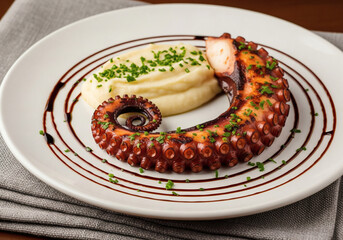 Grilled Octopus Tentacle With Creamy Mashed Potatoes Garnished With Chives On A White Plate