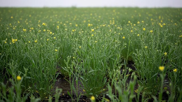 Medium shot focusing on rainfed camelina crops under natural rainfall highlighting adaptation to seasonal water availability and sustainable growth