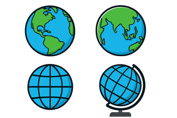 Earth globe icon set. Vector cartoon illustration of planet Earth. World map with continents. Global geography and travel symbol. Simple flat design for web and apps. Isolated.
