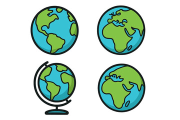 Earth icon set. Globe vector illustration collection. Planet cartoon symbol. World map graphic element. Global geography sign. International travel and ecology concept logo design.