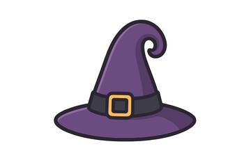 Purple witch hat vector illustration. Cartoon flat style icon for Halloween. Magic wizard cap accessory for a costume party. Sorcery and witchcraft symbol isolated on white.