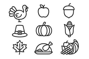 Thanksgiving icon set. Turkey, pumpkin, cornucopia, pilgrim hat, roasted dinner, apple, corn, maple leaf. Autumn harvest holiday symbols. Simple outline vector illustration.