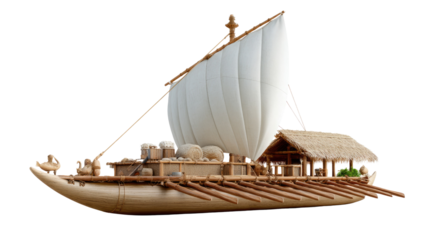 Sailing Vessel in Calm Water: A traditional wooden vessel with a large sail, navigating tranquil waters under a bright sun. Evoking the spirit of adventure and maritime exploration.