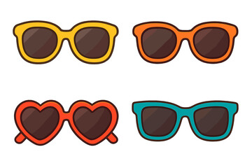 Summer sunglasses vector icon set. Colorful collection of fashion eyewear accessories. Cartoon illustration of retro, modern, and heart-shaped glasses for beach or vacation.