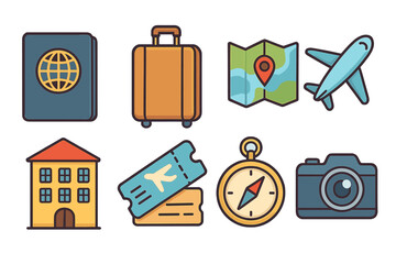 Travel icons set for vacation and tourism. Vector cartoon illustration of passport, suitcase, map, airplane, hotel, ticket, compass, camera. Flat design graphic elements.