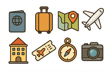 Travel icons set for vacation and tourism. Passport, suitcase, map, airplane, hotel, ticket, compass, camera. Vector cartoon illustration for journey, holiday, trip planning.