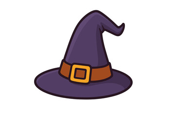 Witch hat vector illustration. Cartoon flat style icon for halloween. Magic fantasy pointy cap with buckle. Wizard or sorcerer costume accessory. Spooky magical witchcraft element.