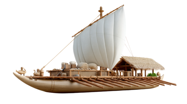 Sailing Vessel in Calm Water: A traditional wooden vessel with a large sail, navigating tranquil waters under a bright sun. Evoking the spirit of adventure and maritime exploration.