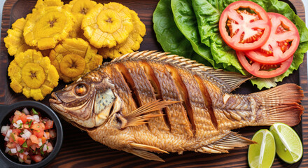 Crispy Fried Whole Fish Served With Plantains Salad And Lime Delicious Seafood Meal