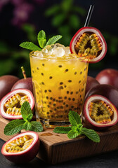 Refreshing Passion Fruit Cocktail with Mint and Ice Garnished with Tropical Fruit Slices