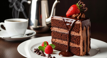Delicious brown chocolate cake slice with cream and strawberries on a white plate next to a cup of coffee