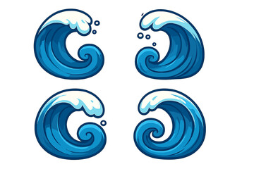 Ocean wave vector icon set. Cartoon sea water surfing curl and splash collection. Blue tsunami graphic illustration for sticker or decal. Nature aqua marine power symbol element.