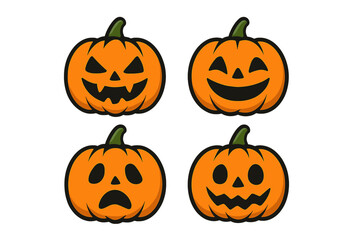 Halloween pumpkin characters vector icon set. Jack o lantern faces with different emotions. Cute, scary, happy and sad cartoon expressions for autumn holiday design elements.