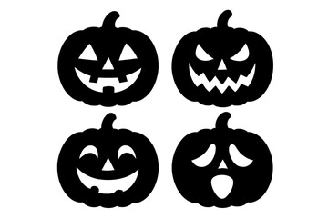 Halloween pumpkin face stencil set. Jack o lantern silhouette collection. Scary, happy, funny and sad emotion icons. Black vector graphic for autumn holiday decoration or carving.