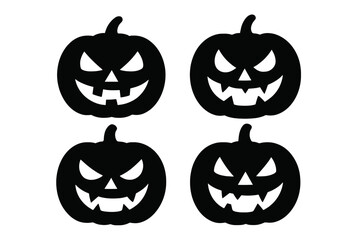 Halloween pumpkin silhouette set. Vector collection of carved Jack o' Lantern faces. Spooky, scary, evil smile icons. Black horror symbol for autumn holiday decoration.