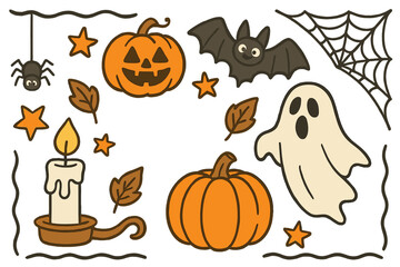 Fototapeta premium Set of cute Halloween cartoon doodles. Spooky holiday clipart collection with jack o'lantern pumpkin, ghost, bat, spider, and candle. Vector illustration for party decoration.