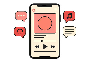 Music player app interface on phone screen. UI design for audio streaming service. Social media sharing, likes, comments. Podcast application template. Vector illustration mockup.