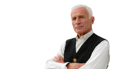 Focused and Composed: A distinguished senior man exudes confidence and poise, his gaze direct as he stands confidently, a portrait of timeless elegance and experience.