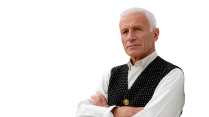 Focused and Composed: A distinguished senior man exudes confidence and poise, his gaze direct as he stands confidently, a portrait of timeless elegance and experience.