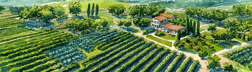 A picturesque vineyard scene featuring lush rows of grapevines, a charming house, and surrounding greenery under a clear blue sky.