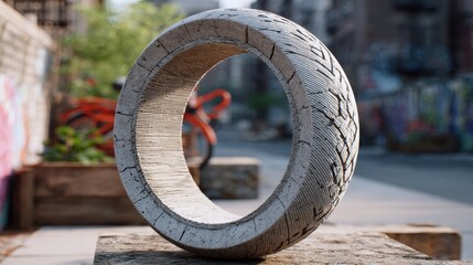 Closeup of a customizable 3Dprinted urban tire prototype designed for smooth city driving with detailed grooves in focus and softfocus urban elements behind.