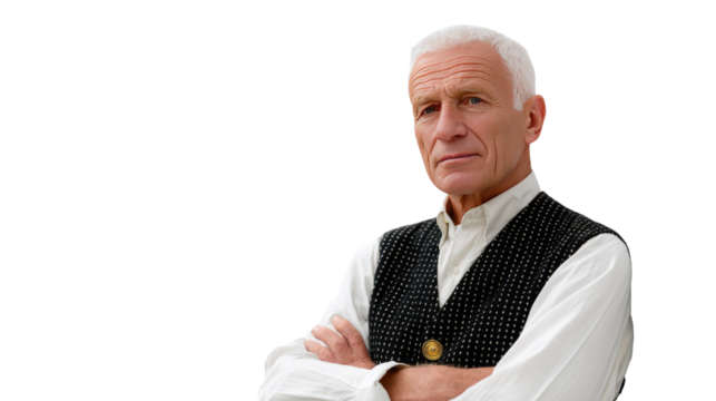 Focused and Composed: A distinguished senior man exudes confidence and poise, his gaze direct as he stands confidently, a portrait of timeless elegance and experience.