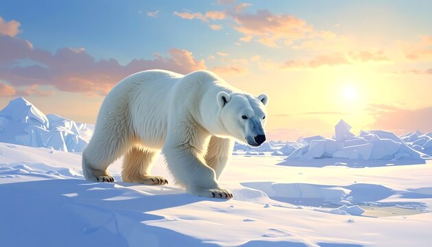 Polar bear walks on snow - Powered by Adobe