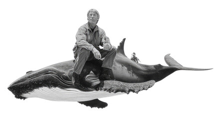 Man Riding the Humpback Whale: Capturing a captivating view of a man gracefully riding a humpback whale in a black-and-white photo, evoking a sense of awe, adventure, and human-wildlife connection. 