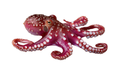 Vibrant Octopus Display: An eye-level shot highlights the intriguing form and vibrant color of this underwater marvel, revealing its distinctive tentacles and intelligent gaze.