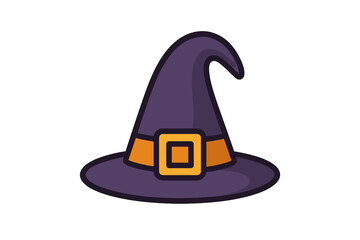 Naklejka premium Witch hat vector icon for Halloween. Simple flat cartoon illustration of a magic wizard cap. Spooky costume accessory for a party. Isolated fantasy witchcraft symbol design.