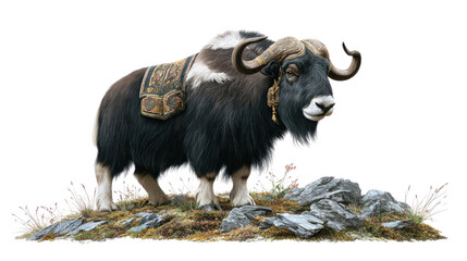 Musk Ox on Rocky Terrain: Majestic musk ox, known for its thick coat and impressive horns, stands proudly on a rocky outcrop, exuding resilience and adaptation in a rugged terrain. 