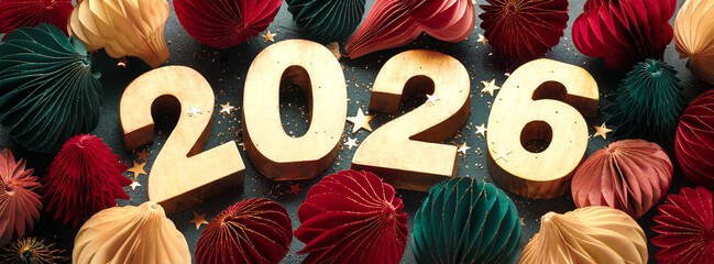 Festive Display of 2026.Celebration with Colorful Paper Ornaments