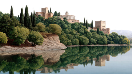 Ancient Castle by the Lake: The image is showcasing a majestic ancient castle perched atop a lush green hill. The castle's reflection mirrored in the tranquil water of a pristine lake.